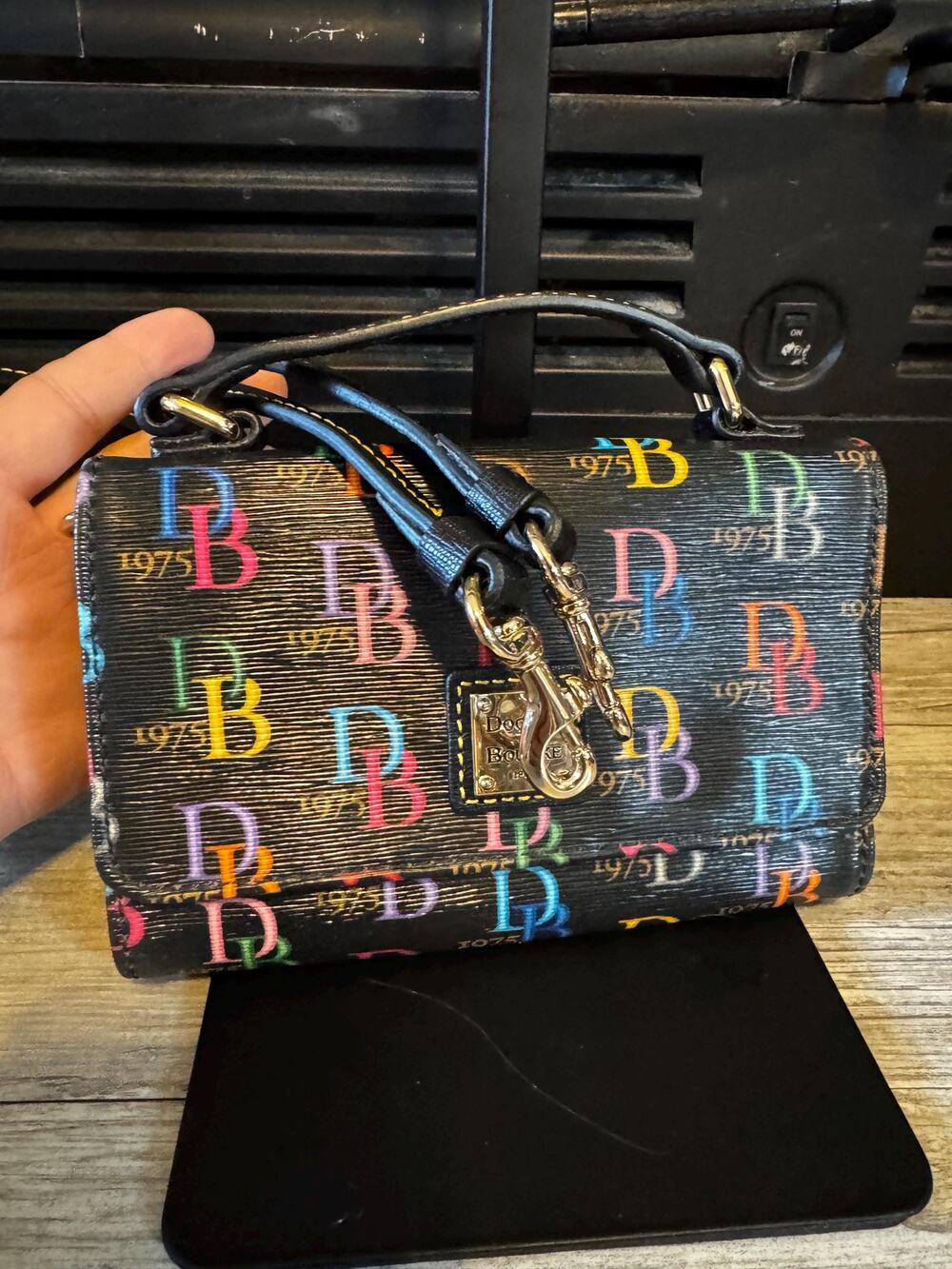 Dooney Bourke Black Multi Rainbow Small Mimi Crossbody purse wallet bag